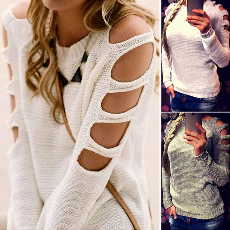 MISELON Women Solid Round Neck Hollow Knitting Pullover Sweater